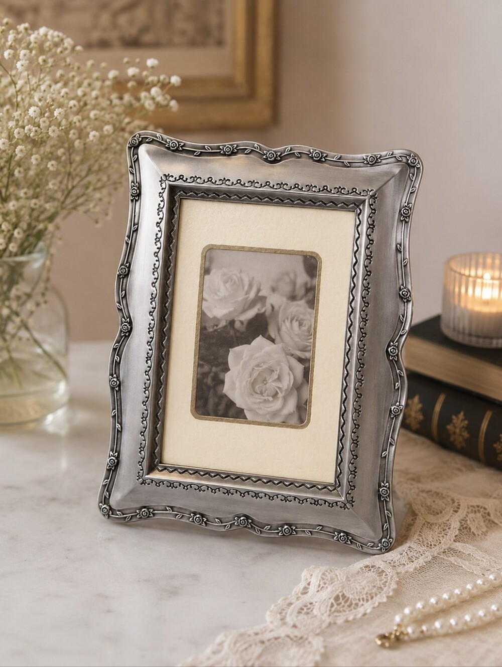 Malden Ornate Silver Tone Photo Frame Floral Border Holds 3.5" x 5" Picture